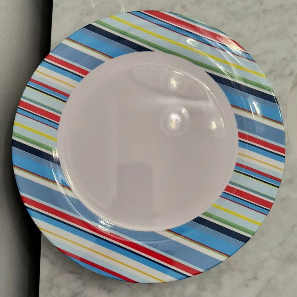 Vintage Y2K Target Home 11" White w/Striped Rim Melamine Dinner Plates Set of 8
